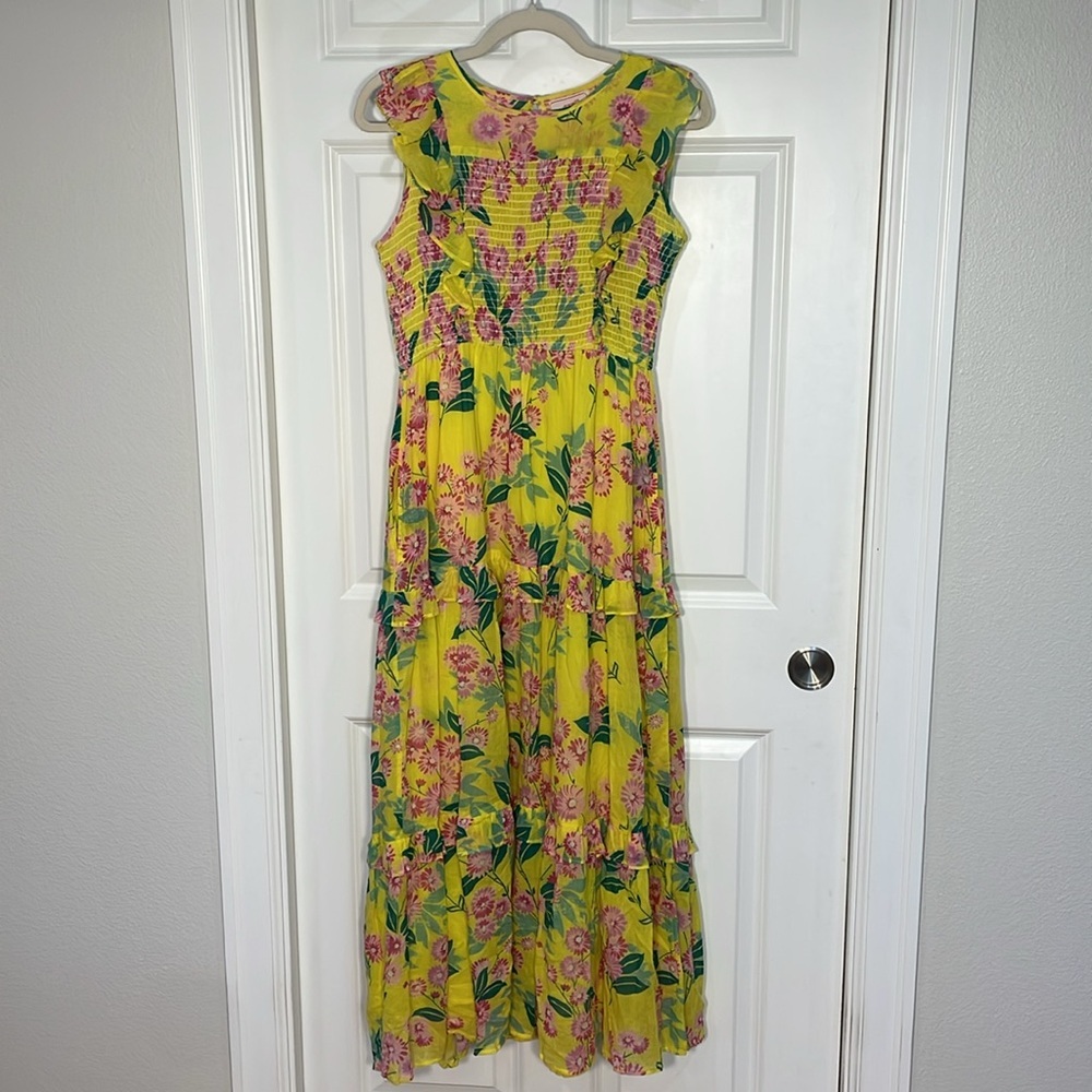 Madewell Banjanan Iris Smocked Midi Dress Medium Floral Smocked Pockets Yellow - Picture 4 of 15